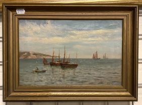 WILLIAM J.KING - LATE 19THC OIL ON CANVAS - FISHING BOATS OFFSHORE - SIGNED 20CM X 31CM