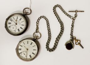 TWO HM SILVER POCKET WATCHES WITH ALBERT CHAIN