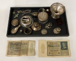 COLLECTION OF H/M SILVER TO INCLUDE INKWELLS, NAPKIN RINGS, EARLY BRONZE CROSS ETC