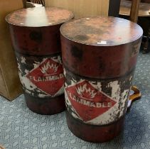 2 OIL DRUM TABLES IN THE STYLE OF EXPLOSIVE BARRELS FROM THE COMPUTER GAME SERIES ''HALF LIFE''