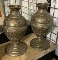 EARLY BRASS ETCHED URNS - 37CMS APPROX