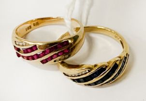 14CT GOLD & 18CT GOLD RINGS X 2 SET WITH SAPPHIRE, DIAMOND & RUBY SIZE L & SIZE M - 5.9 GRAMS