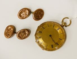 18CT YELLOW GOLD FOB WATCH & A PAIR OF CUFFLINKS IN 9 CT. GOLD