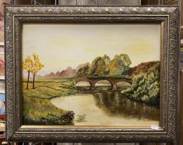 ''TESTON BRIDGE'' - GILD FRAME PAINTING SIGNED BY C.HINN - OIL ON BOARD 37CMS X 49CMS