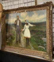 J THOMSON DUNNING R.B.A FRAMED OIL OF A GENTLEMAN & DAUGHTER - 86CM X 66CMS APPROX