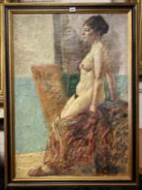 GILT FRAMED OIL ON CANVAS - EMILE BAES - NUDE STUDY - 95.5 X 66.58 CMS APPROX