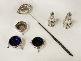 HM SILVER SALTS WITH TWO HM SILVER CRUETS & WINE LADLE - APPROX 10 OZ