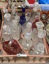 TRAY OF CUT CRYSTAL GLASS DECANTERS