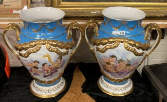 PAIR OF SEVRES GILT PORCELAIN CHERUB URNS - 57CM (H) APPROX