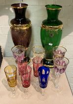 2 BOHEMIAN GLASS VASES & 9 GLASSES