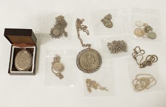 COLLECTION OF HALLMARKED NECKLACES & PENDANTS INCL. COMMEMORATIVE COIN IN SILVER SURROUND