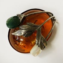 SILVER & AMBER PENDANT BROOCH