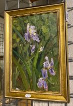 NATALYA ZARUBA (1915 - 2008) ''IRISES'' 19574 OIL ON BOARD 48CMS X 28CMS