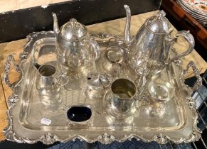 SILVER PLATED TEASET ON TRAY BY WALKER & HALL WITH VARIOUS SALTS/CRUETS