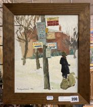 YURI MATUSHEVSKI (1930 -1999) ''BUS STOP'' 1951 OIL ON BOARD 30CMS X 25CMS