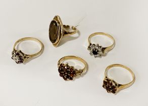 FIVE 9CT GOLD DIAMOND & GEMSTONE RINGS - 12.3 GRAMS APPROX