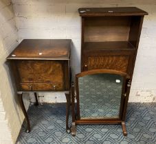 NEEDLEWORK BOX & SMALL OAK BOOKCASE & MIRROR