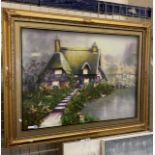 LARGE GILT FRAMED PICTURE OF COTTAGE - 106 X 136 CMS APPROX OUTER FRAME