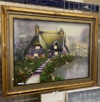 LARGE GILT FRAMED PICTURE OF COTTAGE - 106 X 136 CMS APPROX OUTER FRAME