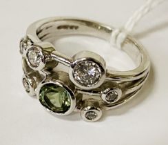 9K WHITE GOLD - 0.40CT GREEN TOURMALINE 0.60CT DIAMOND RING - SIZE K - 4.3 GRAMS APPROX