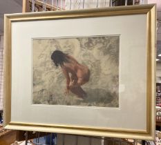 SALLY TRUEMAN MIXED MEDIUM - LADY BATHING IN WATER -FRAMED 48CMS X 37CMS TO MOUNT