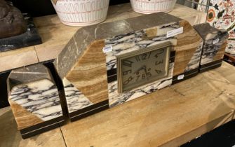 FRENCH ART DECO MARBLE CLOCK & GARNITURE (WITH KEY)