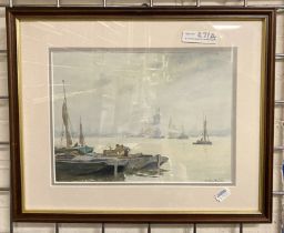 W TATTON WINTER FRAMED WATERCOLOUR OF SHIPS AT SEA - 20.5 X 28 CMS INNER FRAME APPROX