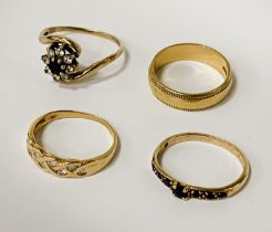 18 CT. GOLD WEDDING RING & 3 X 9 CT. GOLD RINGS - 10.1 GRAMS TOTAL APPROX