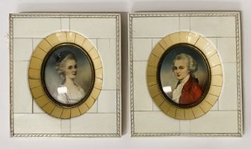 TWO PORTRAIT MINIATURES SIGNED OF STATELY GENTLEMAN & LADY - 6 X 5.5 CMS PORTRAIT ONLY