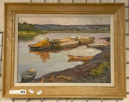 BORIS NAKHALOV (1925-2008) ''RIVER SUNSET'' 1964 OIL ON BAORD 36CM X 54CM