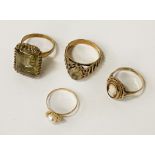 COLLECTION OF FOUR 9CT GOLD RINGS - 14.3 GRAMS APPROX