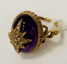 ANTIQUE 9 CARAT GOLD DIAMOND & AMETHYST RING - SIZE N - 7.7 GRAMS APPROX