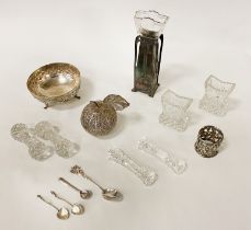 ARTS & CRAFTS POSY VASE WITH SOME ASIAN SILVER ITEMS & CRYSTAL KNIFE RESTS & SMALL GLASS VASES