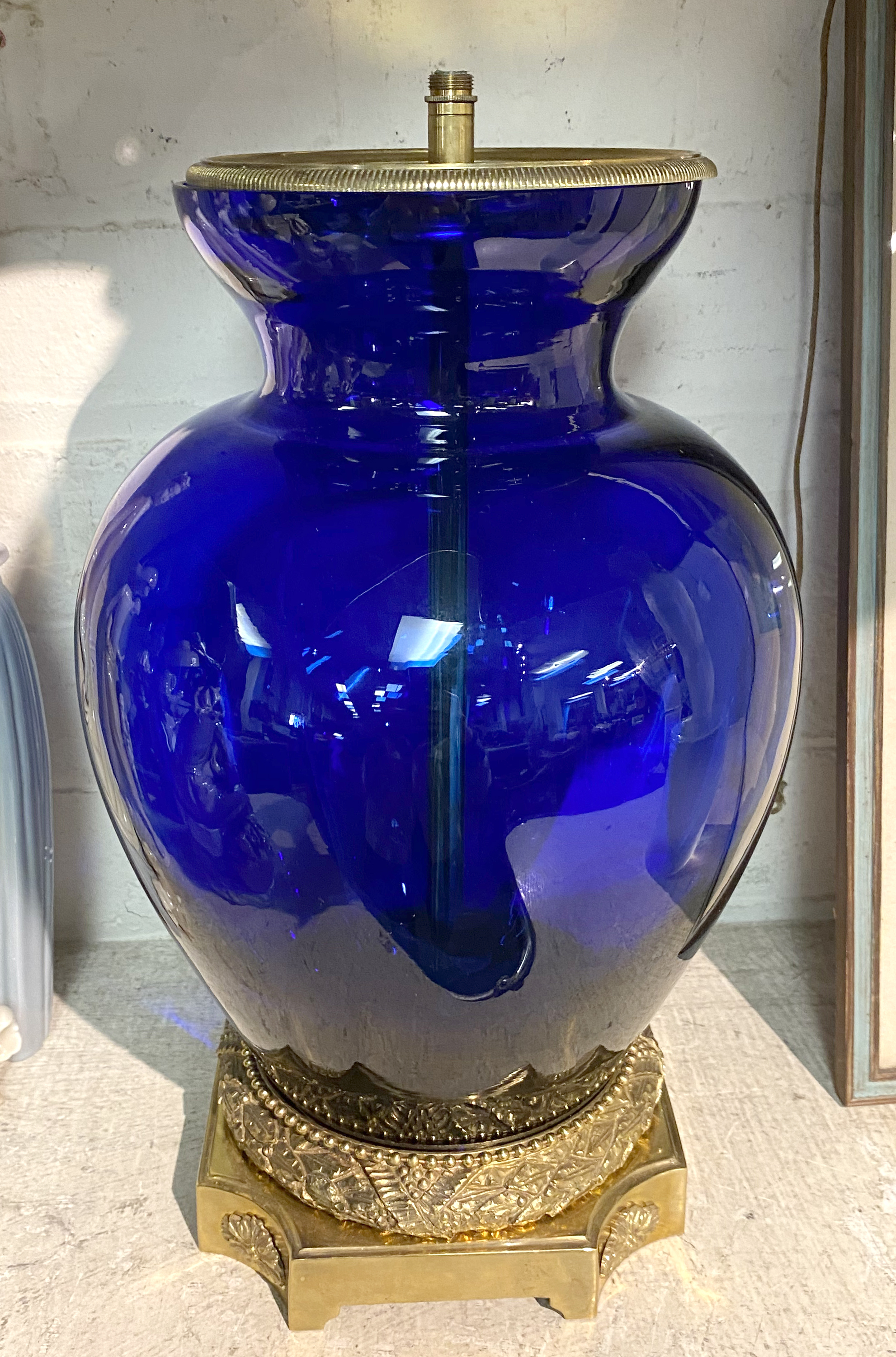 BLUE GLASS & BRASS LAMP - 35 CMS (H) APPROX