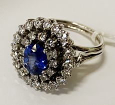 18CT WHITE GOLD (TESTED) - BLUE SAPPHIRE DIAMOND CLUSTER RING - SIZE N