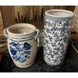 BLUE & WHITE UMBRELLA STAND WITH A BLUE & WHITE POT