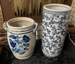 BLUE & WHITE UMBRELLA STAND WITH A BLUE & WHITE POT