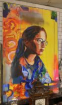 LARGE ACRYLIC OF YOUNG WOMAN BY UP & COMING ARTIST C.SPELMAN - 1M X 1.5M
