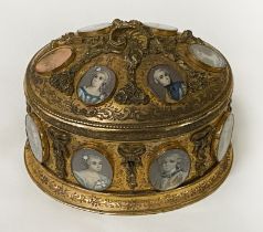 BRASS NEOCLASSICAL JEWELLERY CASKET WITH HAND PAINTED MINIATURE DEPICTIONS OF STATELY LADIES &