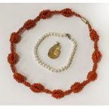 COLLECTION OF JEWELLERY INCL. PEARL BRACELET WITH 18CT CLASP CORAL NECKLACE & AN ICON BUDDHA