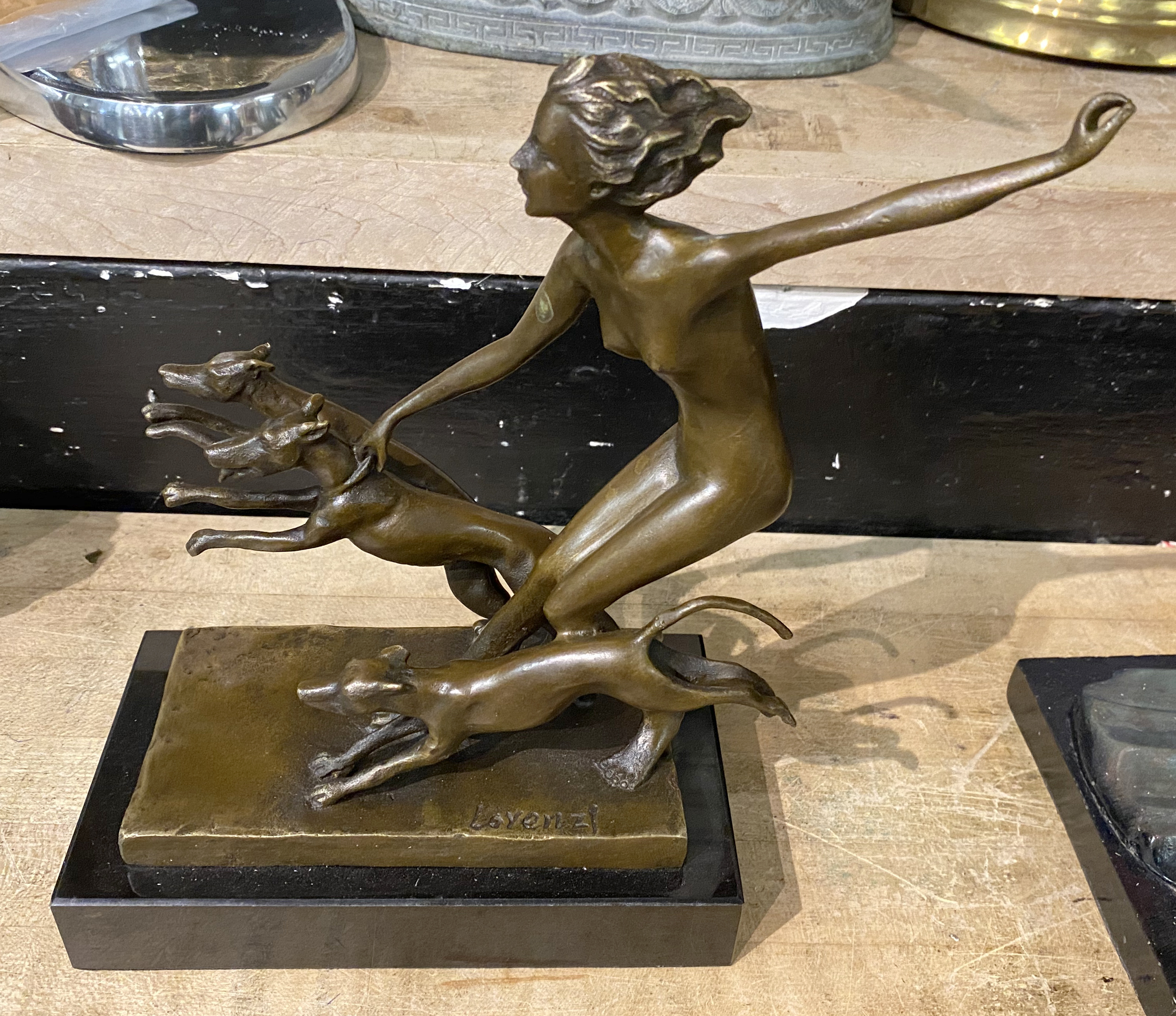 BRONZE ART DECO STYLE GIRL & DOG 24CMS (H) APPROX