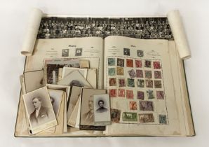 COLLECTION OF MIXED WORLD STAMPS IN ALBUMS - SOME EARLY WITH A COLLECTION OF EARLY PHOTOS