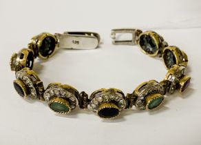 925 ANTIQUE INDIAN SILVER GILT BLUE SAPPHIRE, EMERALD & RUBY BRACELET