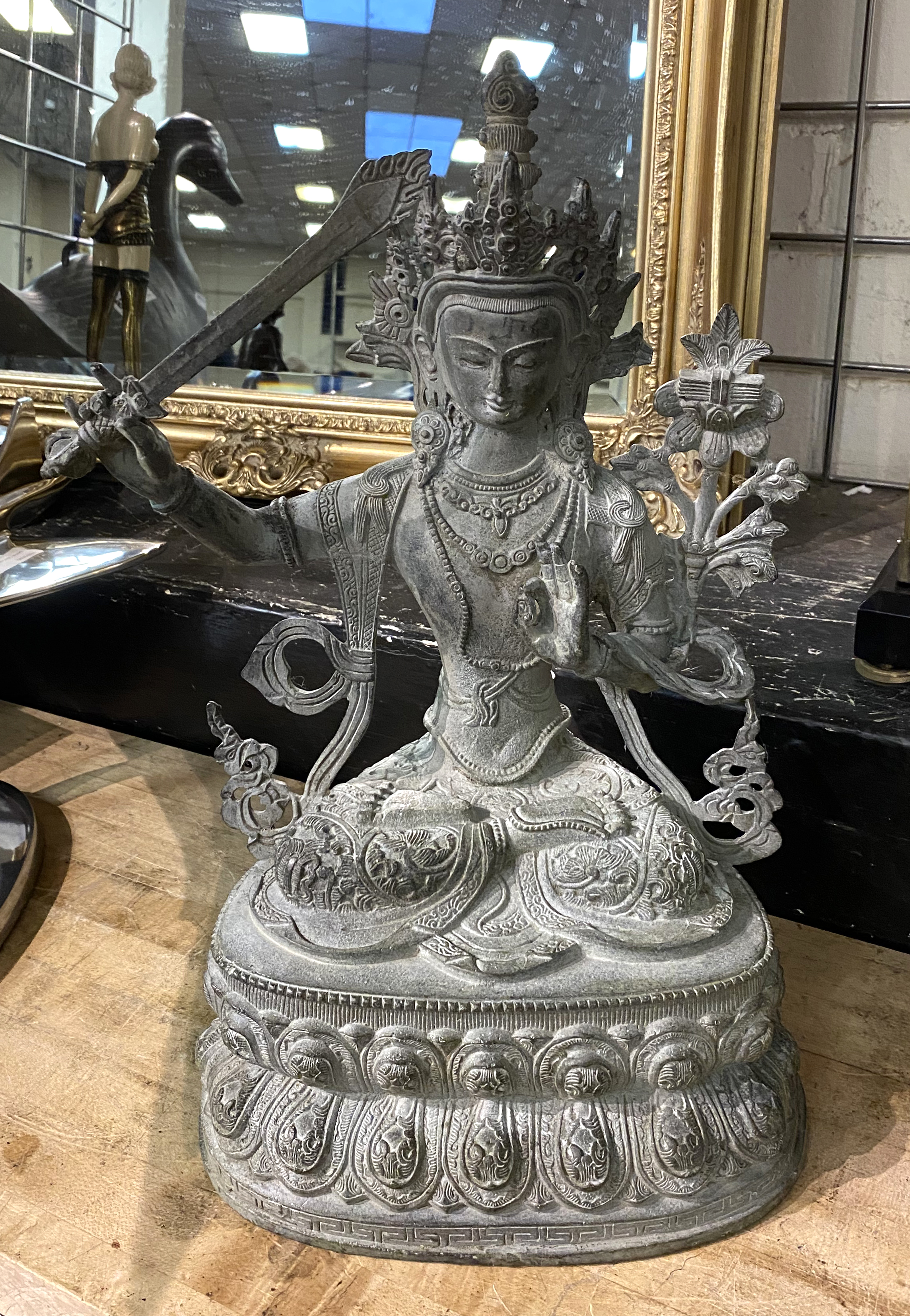 BRONZE BUDDHA & SWORD 38.5CMS (H) APPROX