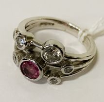 18 CARAT WHITE GOLD MULTI STONE RING DIAMONDS APPROX 1 CARAT & PINK SAPPHIRE 0.20 POINT - SIZE K