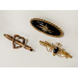 JET MOTHER OF PEARL MOURNING BROOCH WITH A GARNET MOP ART NOUVEAU BROOCH & ANOTHER 9CT BROOCH