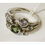 9K WHITE GOLD - 0.40CT GREEN TOURMALINE 0.60CT DIAMOND RING - SIZE K - 4.3 GRAMS APPROX