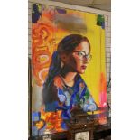 LARGE ACRYLIC OF YOUNG WOMAN BY UP & COMING ARTIST C.SPELMAN - 1M X 1.5M