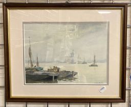 W TATTON WINTER FRAMED WATERCOLOUR OF SHIPS AT SEA - 20.5 X 28 CMS INNER FRAME APPROX