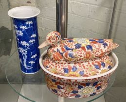 CHINESE DUCK LIDDED DISH WITH A BLUE & WHITE VASE
